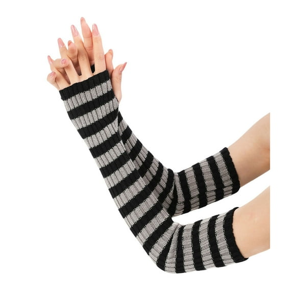 Koiauber Women Striped Elbow Gloves Knitted Arm Warmers Fingerless Gloves Stretchy Mittens with Thumb Hole
