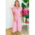 thumbnail image 3 of Women's Pink Textured Ruffled Sleeve Zipped Top and Wide Leg Pants Set | [ZhiHiMeRi] | (US 12-14)L, 3 of 6