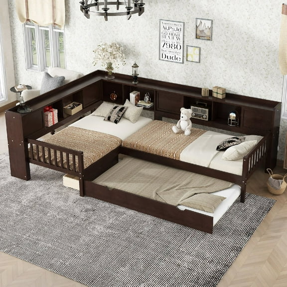 Twin Size L-shaped Platform Bed Frame with Trundle for 3, Solid Wood Platform Bed with Storage Drawers and Shelves for Bedroom, Apartment, Space Saving Design, No Spring Box Needed, Brown