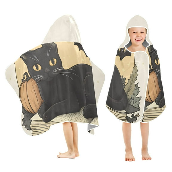 Yayeee Kids Hooded Towels Toddler Soft Absorbent Beach Bathing Wrap 50" x 23.5", Beige Halloween Cat