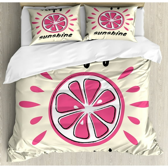 Enjoy Sunshine Duvet Cover Set Queen Size, Funny Summer Words with Grapefruit Tropical Arrangement Vacation Retro, Decorative 3 Piece Bedding Set with 2 Pillow Shams, Pink Beige Black, by Ambesonne