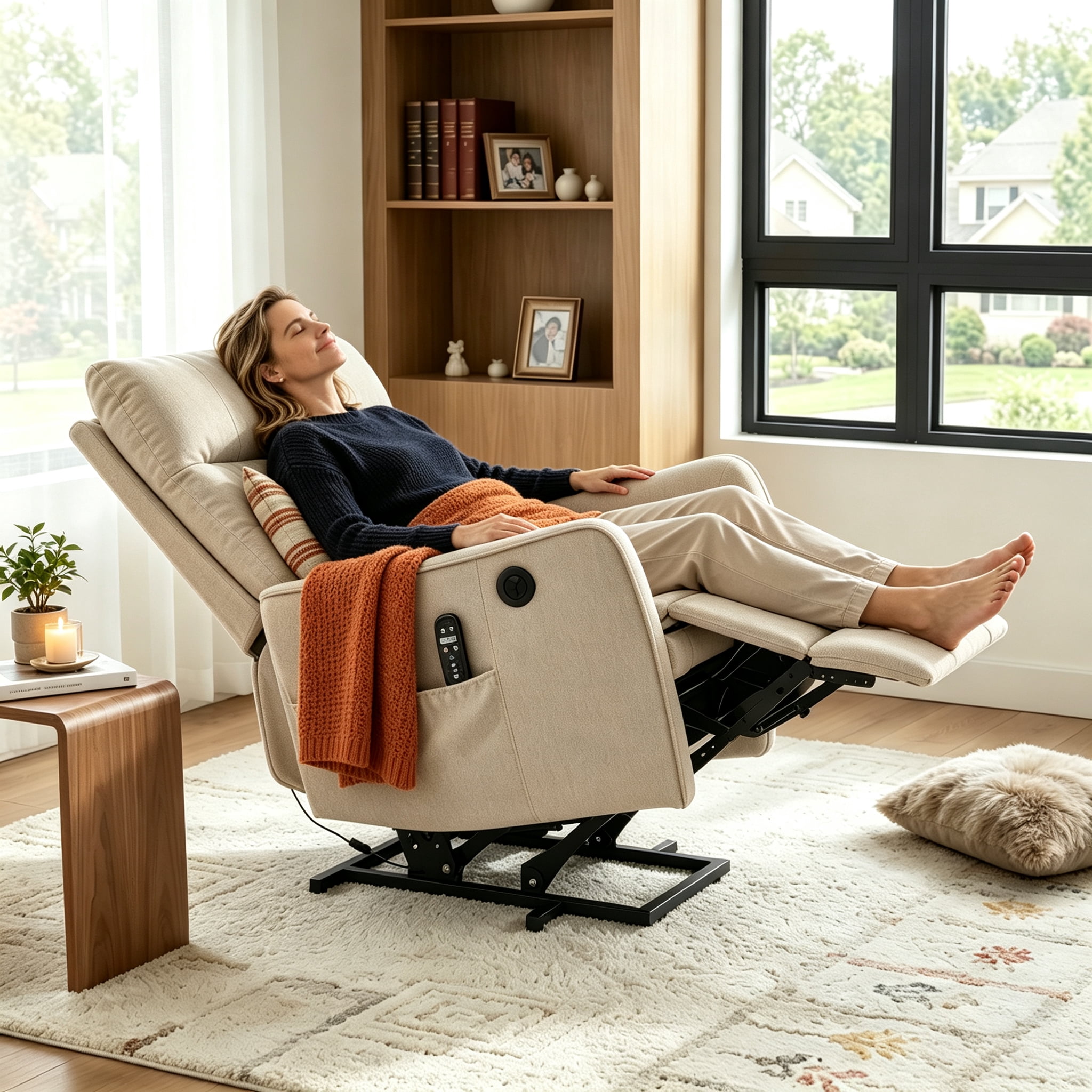 Aukfa Power Lift Recliner Chair with Massage and Heat for Elderly, Electric Chair with USB Port & Side Pocket for Living Room, Beige