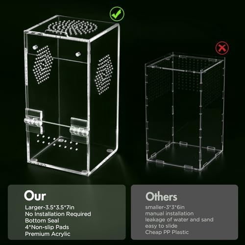 Pre-Assembled Jumping Spider Enclosure,Acrylic Terrarium with Magnetic Door & All-Side Ventilation,Habitat for Spiderling, Mantis,Tarantula,Snail,(Tweezer & Temp Sticker Included)