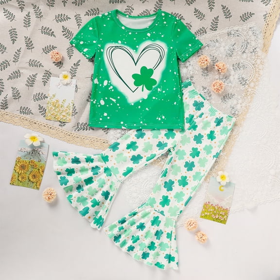 ZEHJUHAN Girls' Cute Clover Print 2-Piece Set, Short Sleeve Round Neck T-Shirt and Flare Leg Pants Outfit Green,S