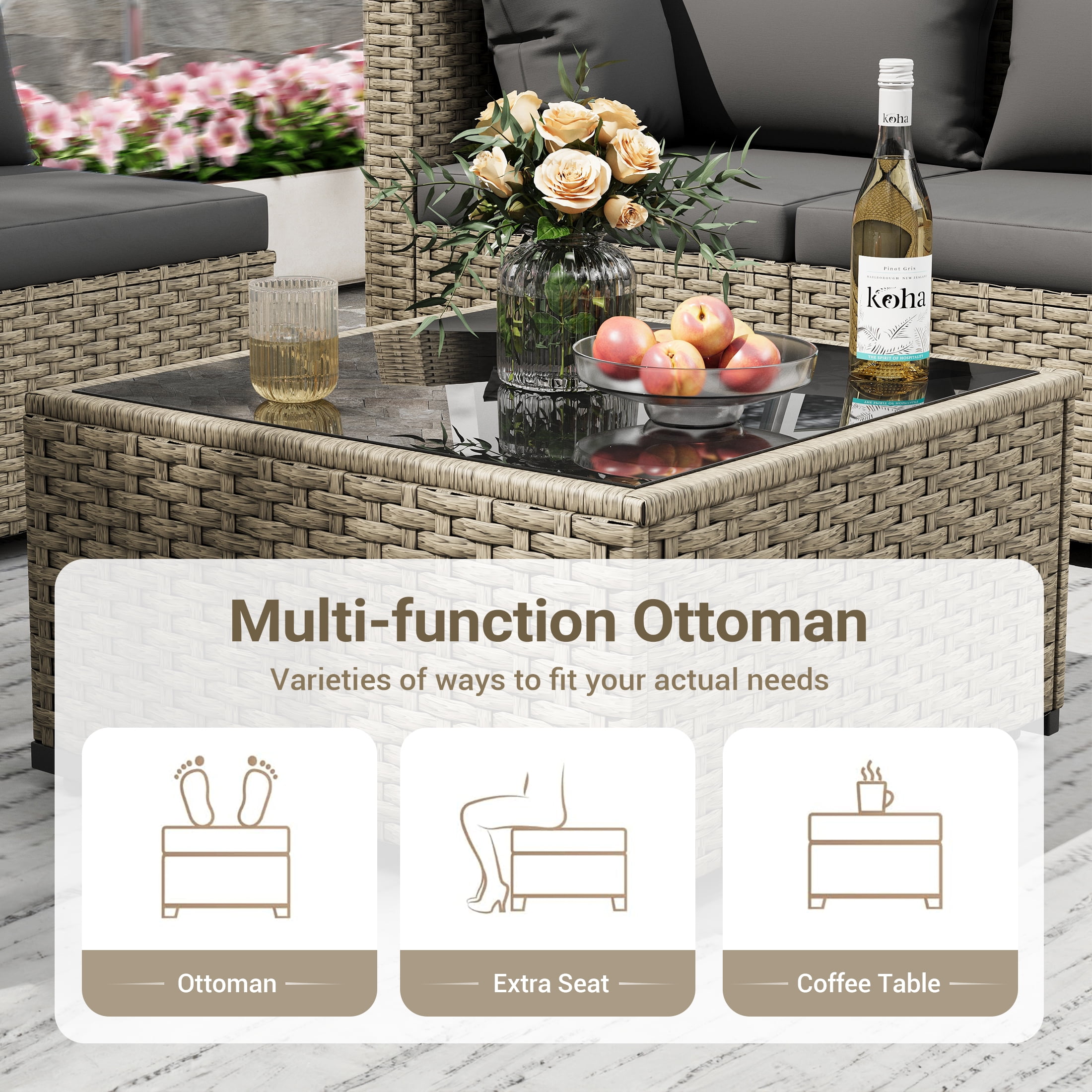 POTEBAN 5 Pieces Outdoor Patio Furniture Set, Outdoor Wicker Patio Conversation Set with Cushions for Backyard, Porch, Garden(Gray)