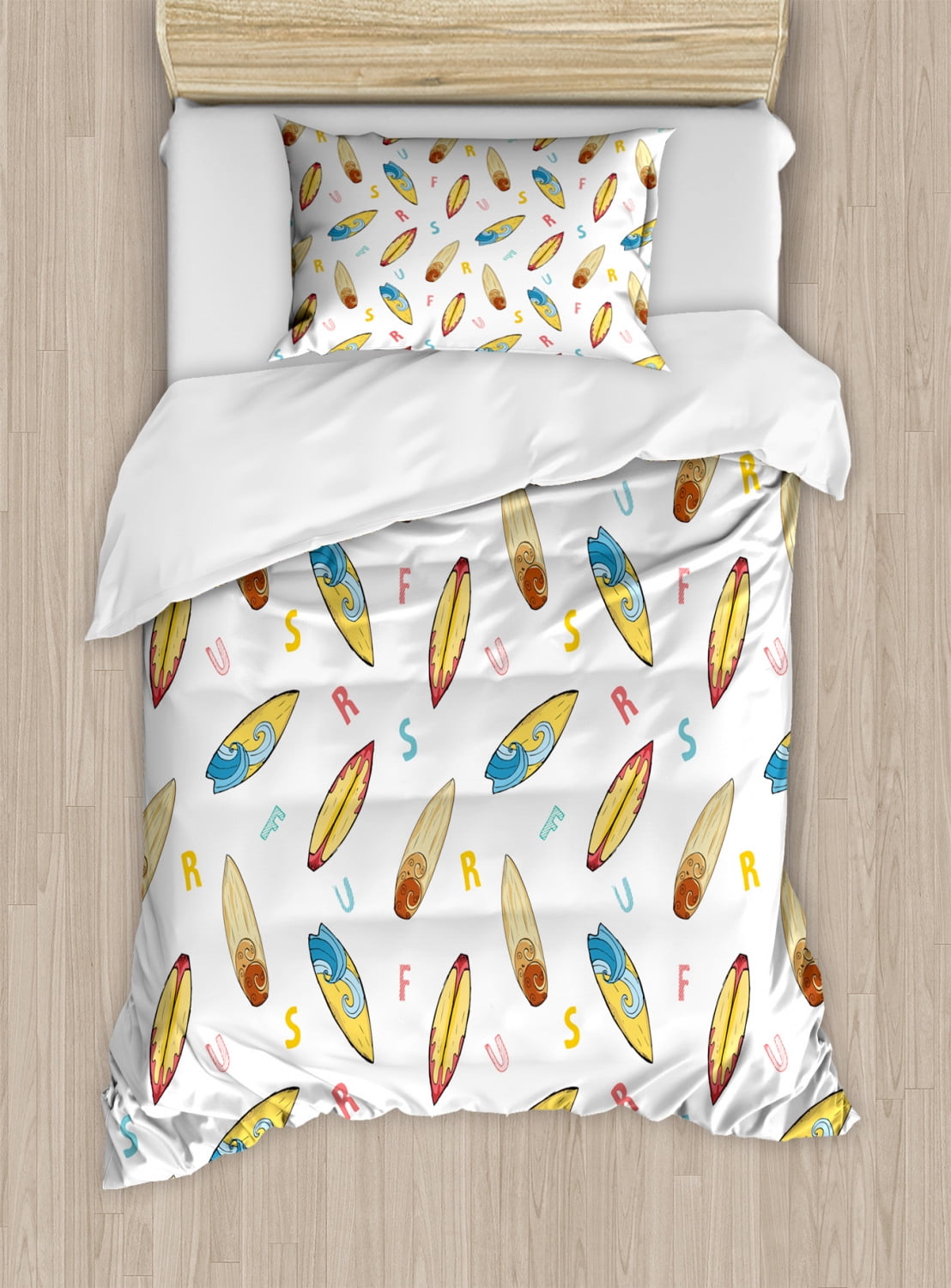 Surfboard Duvet Cover Set Twin Size, Hand Drawn Sketch Style Longboard