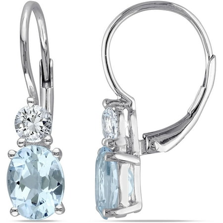 3-4/5 Carat T.G.W. Oval and Round-Cut Blue Topaz and Created White Sapphire Sterling Silver Leverback Earrings