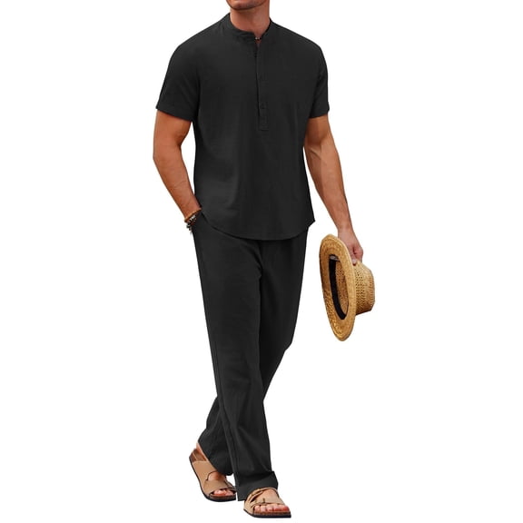 COOFANDY Men Linen Sets Outfits 2 Piece Casual Henley Shirts Casual Yoga Pants Set Hawaiian Beach Outfit