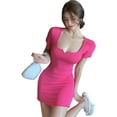thumbnail image 2 of hirigin Summer Bodycon Dresses for Women, Solid Color Low-Cut Neck Slim Fit Short Sleeve Garment, 2 of 7