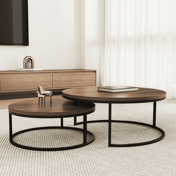 NessCarsti Modern Round Coffee Table Set, Black Metal Legs, Walnut Finish, 31.5/23.7" for Living Room