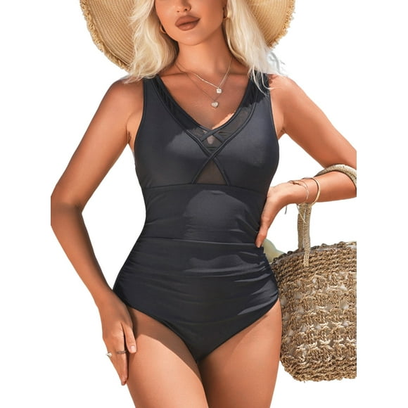 Charmo Black V Neck One Piece Swimsuit for Womens Ruched Bath Suit