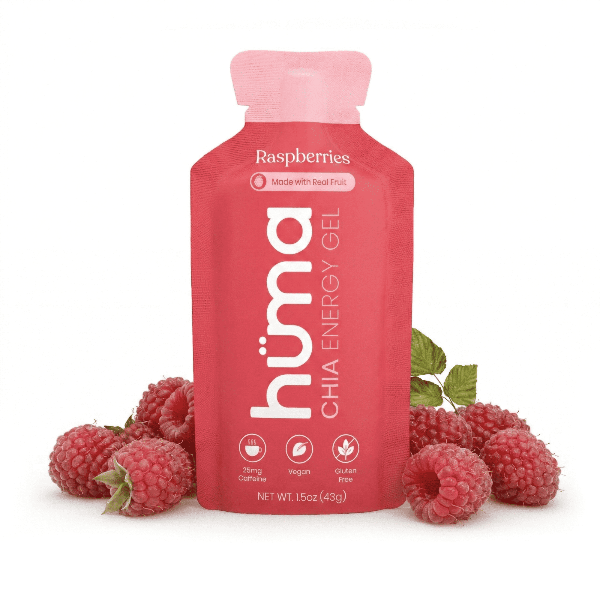 Huma Chia Energy Gel, Raspberries, 12 Gels, 25mg Caffeine - Real Food, Stomach Friendly Energy Gels