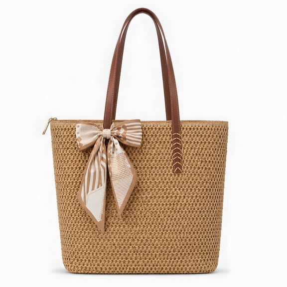 Soda Candy Women Large Straw Beach Tote Bag with Removable Polka Dot Ribbon, Woven Shoulder Handbag with Zipper for Summer Vacation Pool