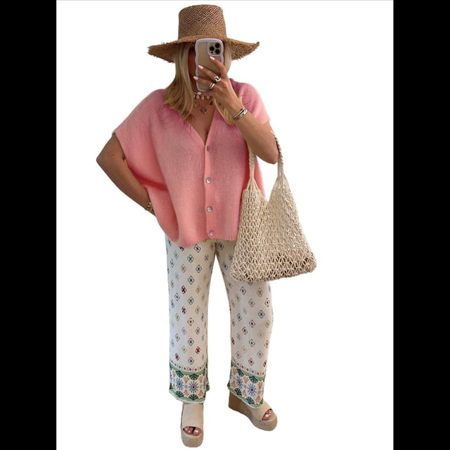 Suéter de Punto Informal de Verano para Mujer, de Corta, Holgado, con Botones y Cuello en V, Color Rosa, Talla L