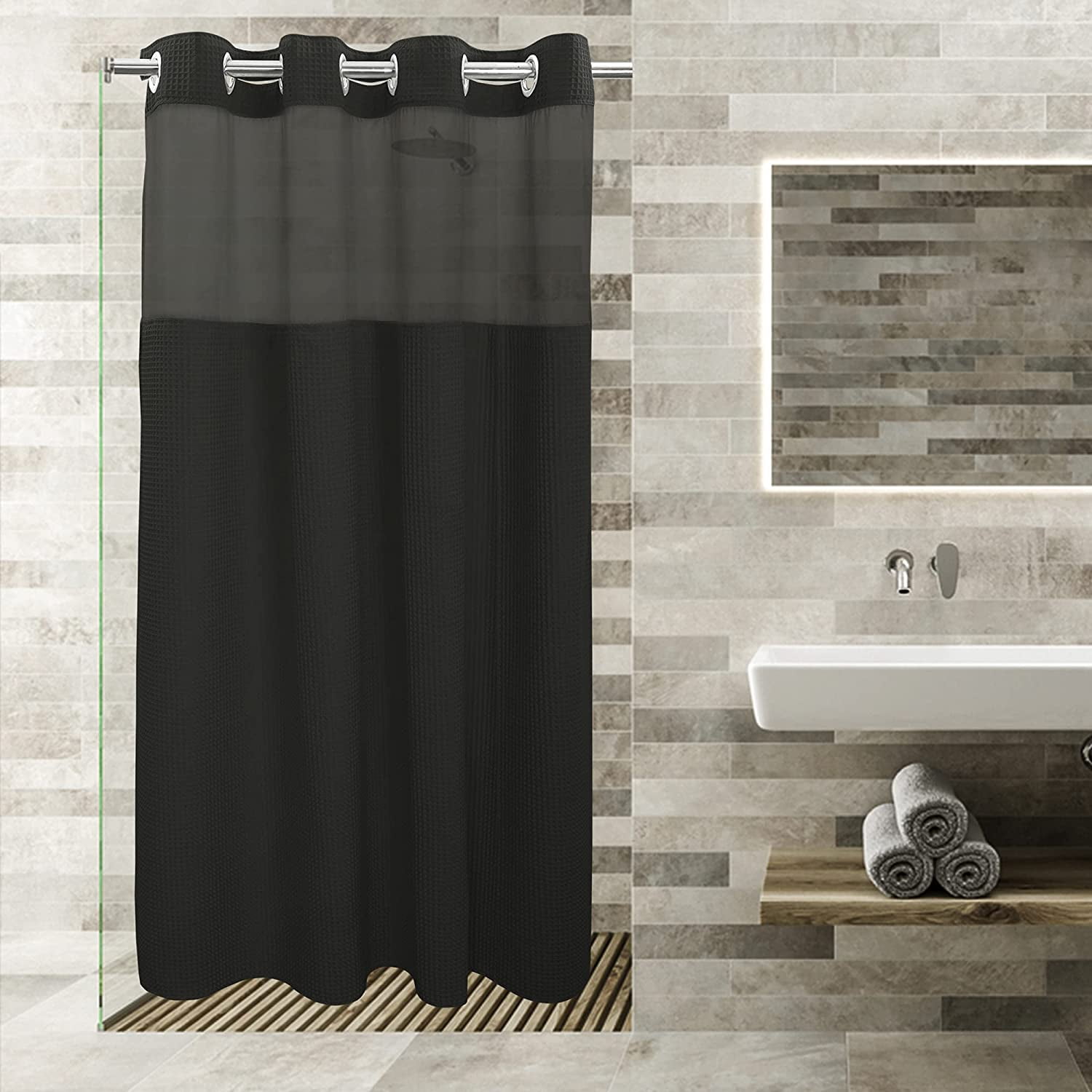 Black, 54x80 Hotel Grade No Hooks Needed Shower Curtain with Snap in Liner,Water Repellent Stall/Liner Machine Washable