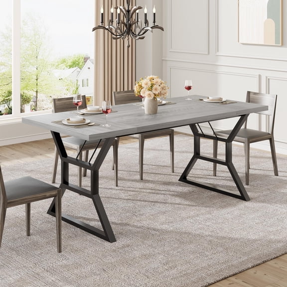 71'' Farmhouse Dining Table for 6 to 8 People – Large Rectangular Wood Tabletop with Industrial Metal Legs – Rustic Kitchen or Dining Room Dinner Table