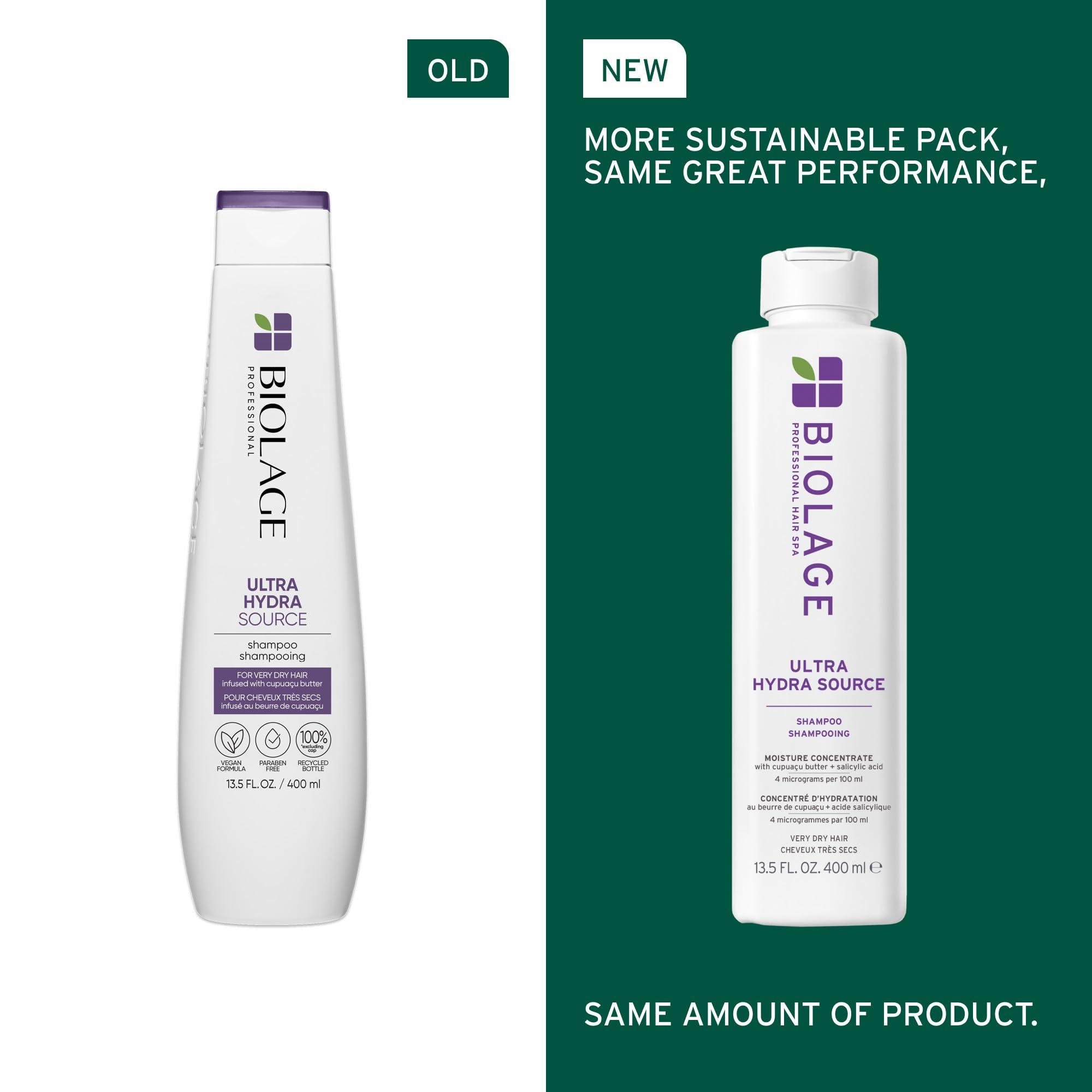 Biolage Ultra Hydra Source JKF25 Shampoo - Deeply Moisturizes Very Dry Hair, For Thick, Coarse Hair, Infused with Micro-dosed with Cupuau Butter & Salicylic Acid, 13.5 Fl Oz, Packaging may vary