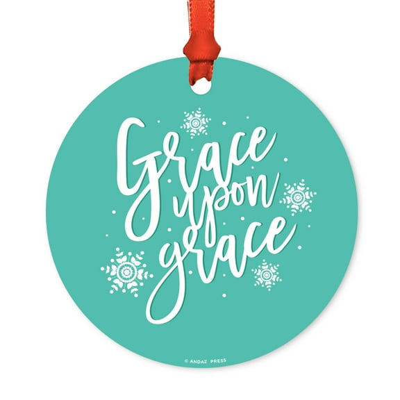 Religious Round Metal Christmas Ornament, Grace Upon Grace, Includes Ribbon and Gift Bag