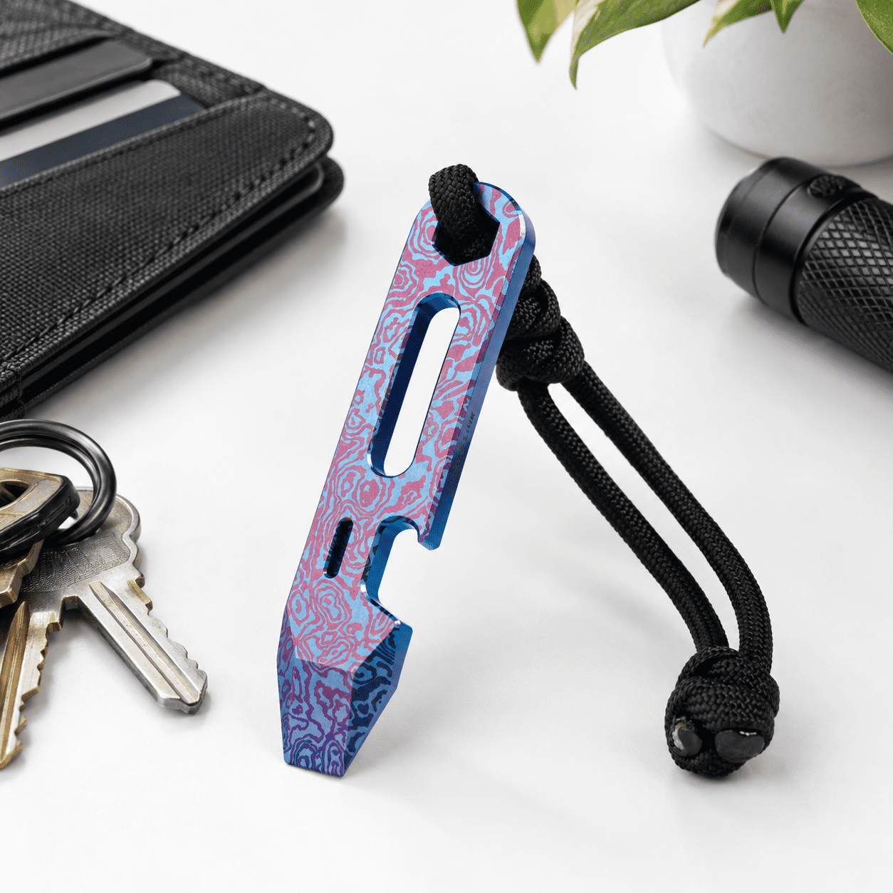 Damascus Purple Titanium Alloy 4-in-1 EDC Multitool with Bottle Opener Wrench and Ruler