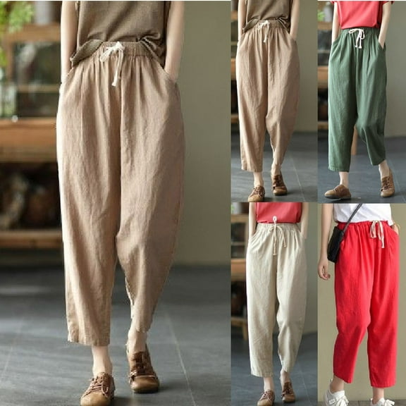 HAPIMO Capri Straight Cotton Linen Pants for Women Summer Drawstring Casual Pocket High Elastic Waist Relaxed Trousers Fashion Solid Red L