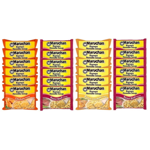Maruchan Ramen Instant Noodle Soup Variety Mix 24 Packs, 4 Flavors - 6 Pack Beef, 6 Pack Roast Chicken , 6 Pack Roast Beef, 6 Pack Chicken Lunch / Dinner Variety