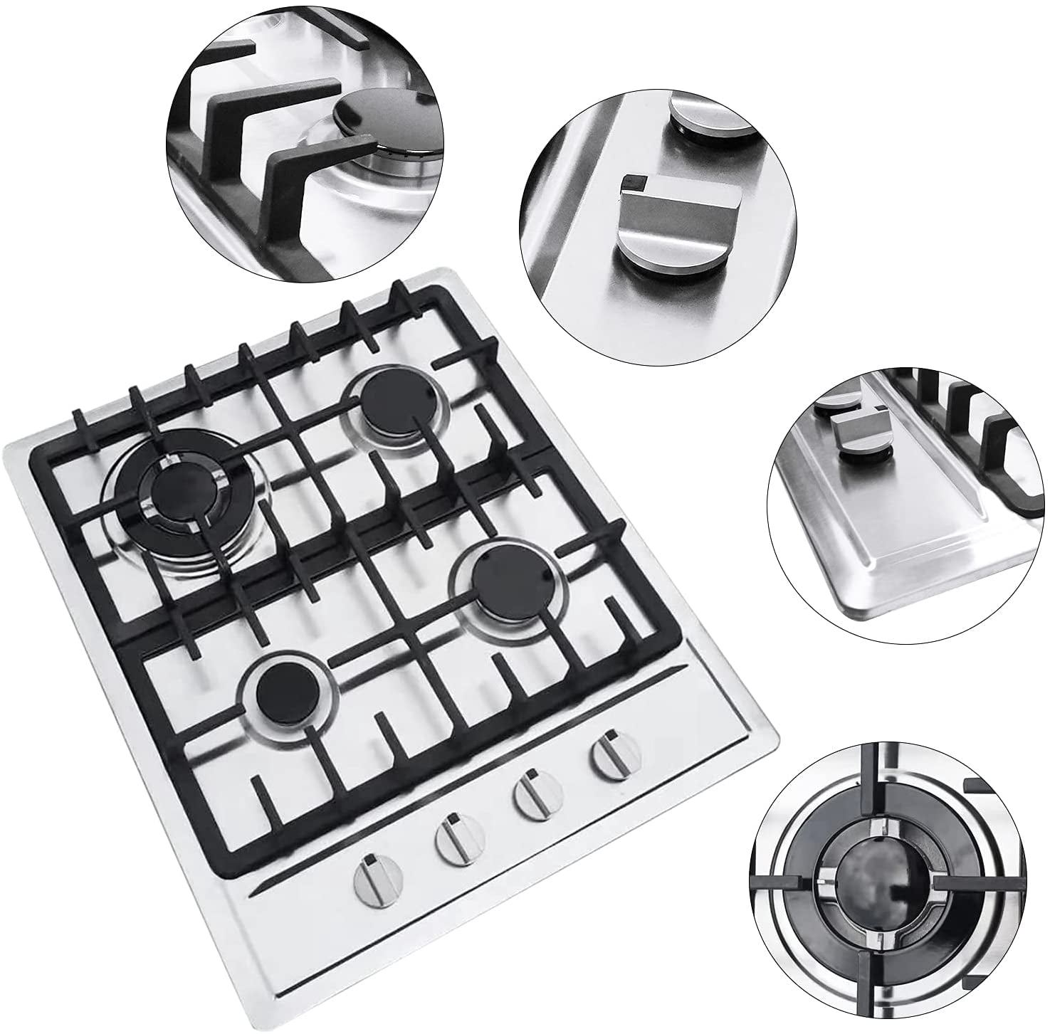 ANQIDI Gas Cooktop, 4 Burners Stainless Steel Stove NG/L-P-G Gas Hob Kitchen Built-In Stove