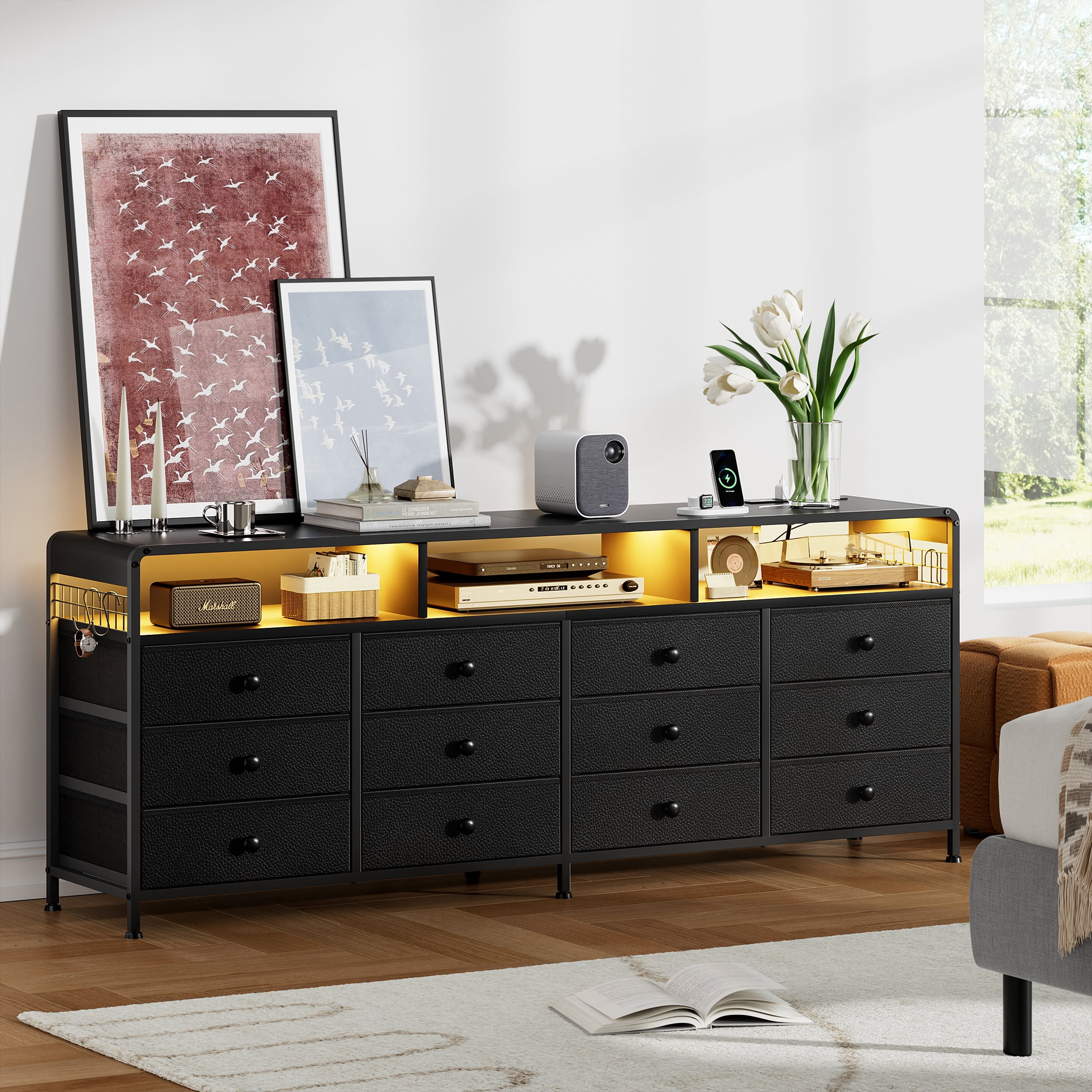 GUNAITO TV Stand for TVs up to 75", Big TV Stand with 12 Fabric Drawers and LED Lights, Entertainment Center with Storage and Shelves for Living Room, Black