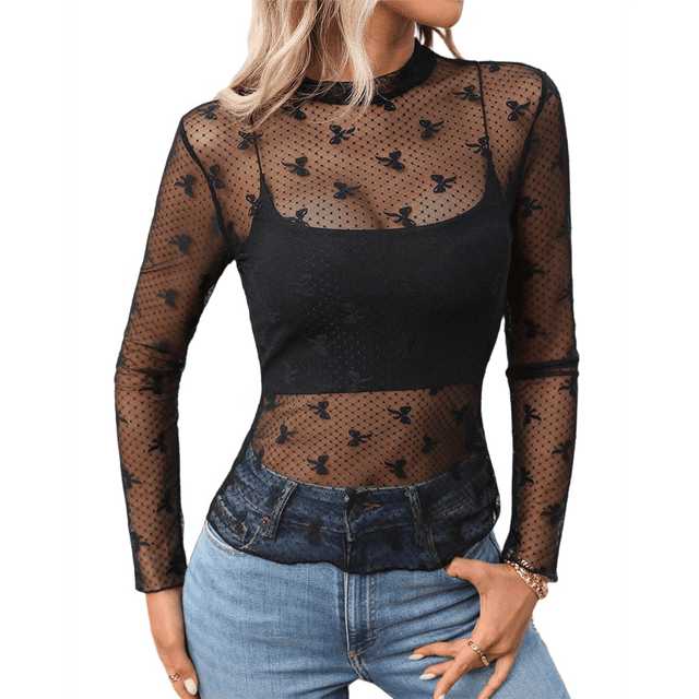 Blusa de de Larga para Mujer con Cuello Alto Transparente Negro XL