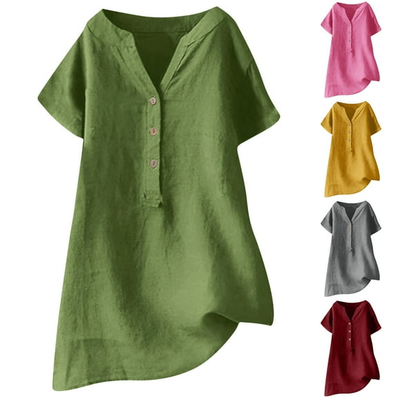 Ashirexll Ladies Tops and Blouses Short Sleeve Tops for Women V-neck Short Sleeve Loose Button and Linen Tunic Shirts Summer Shirts Blouse