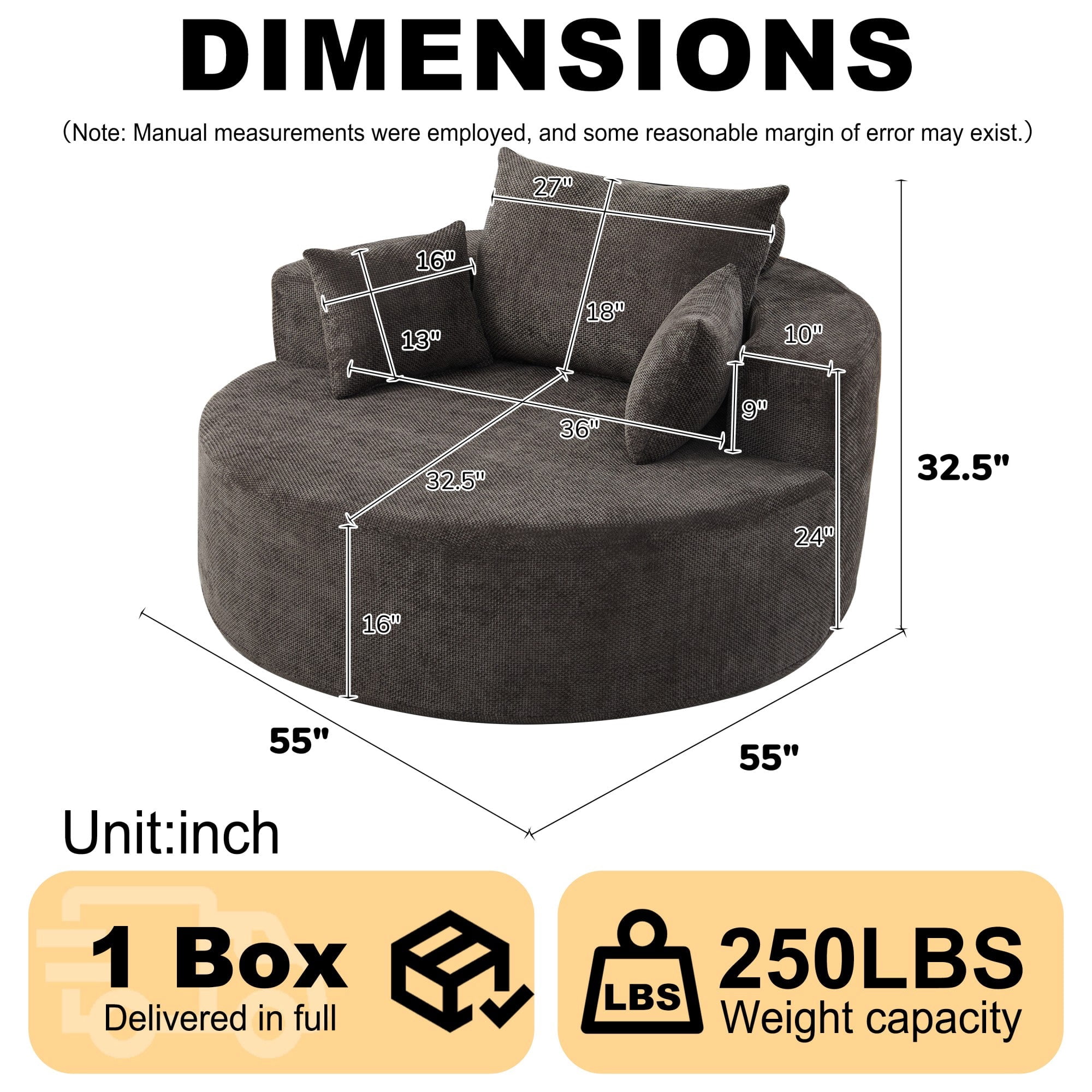Sailvan 55" Modern Chenille Single Seater Lounge Chair, Modular Cloud Sofa with Enveloping Pillows, No Assembly Lazy Chair for Living Room Grey