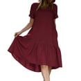thumbnail image 2 of Plus Size Summer Dresses for Women Round Neck Ruched Waist Dress Women's Summer Solid Color Round Neck Short Sleeve Ruffle Midi Dress Wine L, 2 of 6