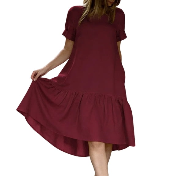 Levmjia Women Summer Ruffle Midi Dress Solid Color Round Neck Short Sleeve Casual Flowy A Line Swing Dress Vacation Home Daily Wear