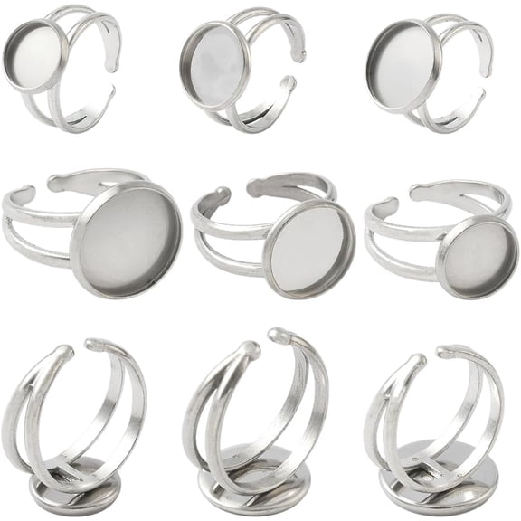 6Pcs 3 Styles Cabochon Ring Blanks 304 Stainless Steel Round Open Blank Ring Base Settings for Jewelry Making Supplies (Tray: 10/12/14mm)