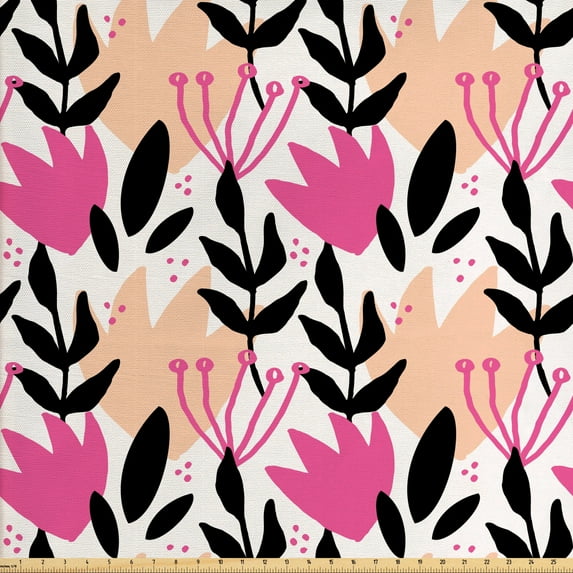 Abstract Sofa Upholstery Fabric by the Yard, Creative Nature Inspired Pattern with Botanical Motifs, Decorative Fabric for DIY and Home Accents, Charcoal Grey Pink by Ambesonne