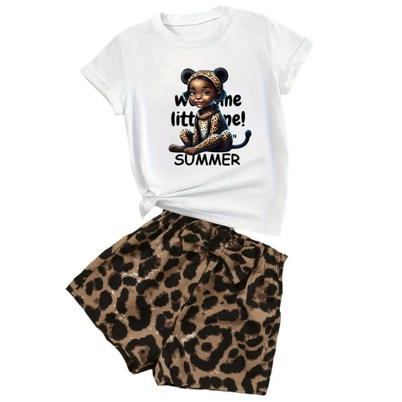 Hienoo Girls Summer Outfits Short Sleeve Leopard Graphic Tee Shorts Set