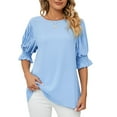 thumbnail image 4 of Defitshape Women's Soft T Shirt Summer Top Button Ruffle Cool Lightweight Loose Holiday Boat Neck Bishop Sleeve Shirt Sky Blue Medium, 4 of 4