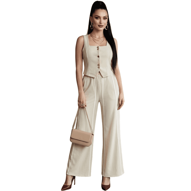 Conjunto 2 Piezas Elegante, Top Ajustado con Botones y Pantalón Palazzo con Rayas, Look Chic y Estilizado para Mujer