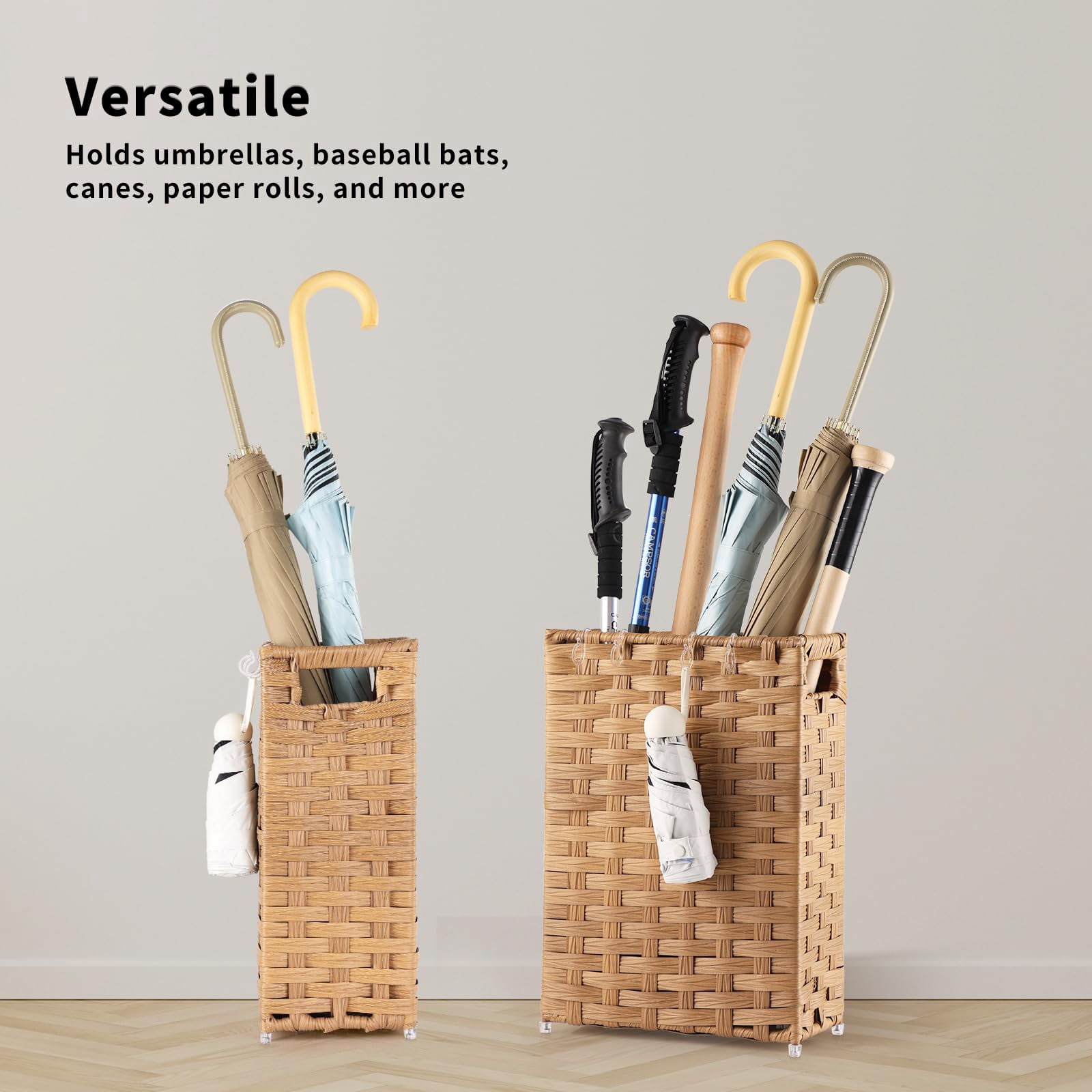 Rattan Umbrella Stand, Umbrella Holder for Entryway, Hand Woven Umbrella Rack Organizer Freestanding, with a Detachable Drip Tray, 4 Hooks, 11.8" L x 5.5" W x 16.5" H