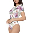 thumbnail image 2 of KLL Women 's Crew Neck Bodysuit Jumpsuits Orchids Flowers Print Short onesies Stretch T Shirts, 2 of 7