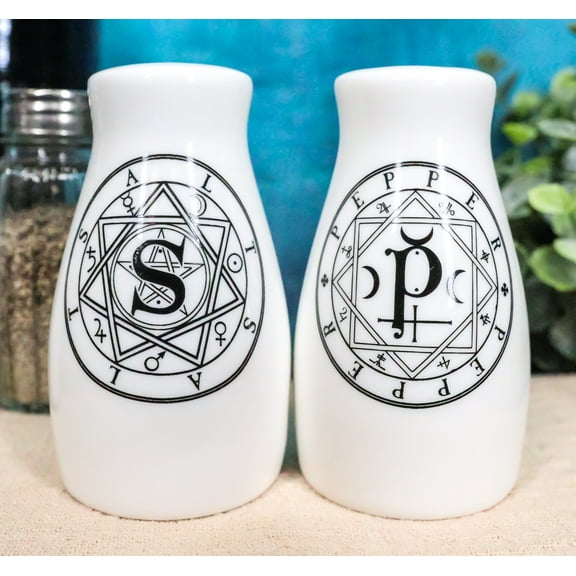 Wicca Sacred Geometry Pentacles Crescent Moons Ceramic Salt n Pepper Shakers Set