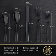 TINANA Silverware Sets, 30 PCS Flatware Set for 6, Premium Stainless Steel Cutlery Utensil Set Mirror Polished Forks and Spoons, Dishwasher Safe, Black