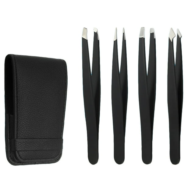 Ensemble de 4 Pcs Tweezers pour Sourcils en Acier Inoxydable, Tweezers de Précision pour l'Épilation, Conçu comme un Outil de Beauté Parfait pour la Mise en Forme des Sourcils et l'Épilation. Comprend Quatre Tweezers en Acier Inoxydable Noirs avec des Embouts Variables pour la Précision, et un Étui de Protection Noir pour un Rangement Pratique et la Portabilité.