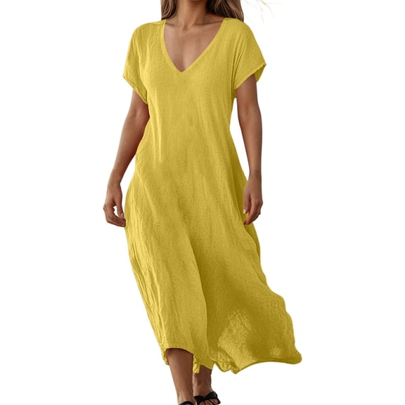 OSOLU Solid Color Linen Dresses For Women Flowy V-Neck Short Sleeve Maxi Dress Lightweight Summer Beach Vacation Dresses Stylish Sundress Dresses For Women 2025 Elegant Classy