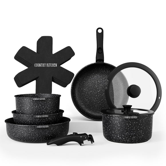 Juego de utensilios de cocina Country Kitchen con mango extraíble, juego de ollas y sartenes aptos para horno y vehículos recreativos, negro, original