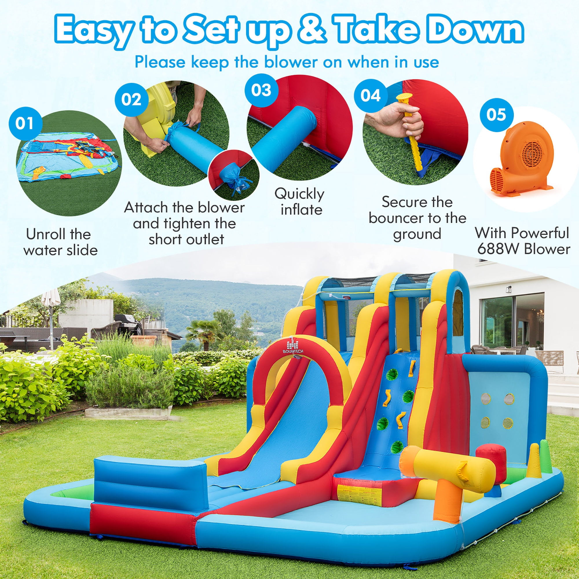 Gymax Inflatable Water Slide w/ Long Slide Climbing Wall Splash Pools w/ 950W Blower