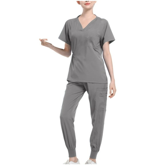 Pejock Womens Scrubs Medical Uniform Set Casual Scrub Suit Set Solid Nursing Uniforms Set Stretch V-Neck Scrubs Top and Jogger Pants with Pockets
