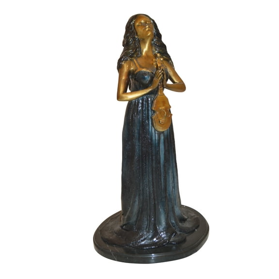Nifao Lady With Violin Bronze Statue – Home Office Decor Sculpture, 11"L x 8"W x 23"H