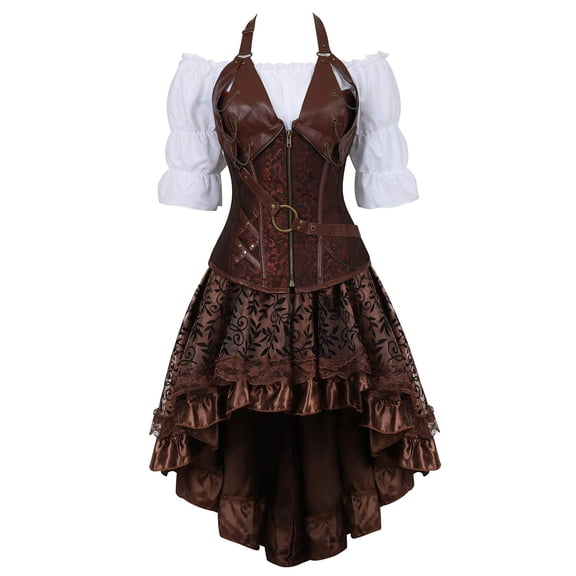 Grebrafan Retro Gothic Blouse, Leather Corset and Tutu Skirt 3 Piece Set Women XXS Brown