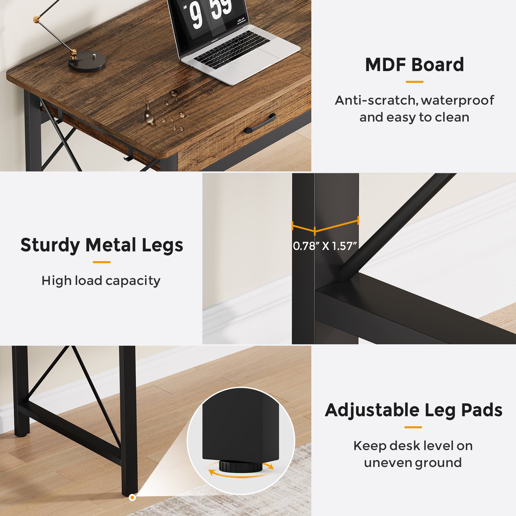 Condemo 78.7 inch Extra Long Computer Desk, Double Desk with 3 Drawers, Two Person Desk with Hooks, Industrial Writing Study Table Workstation for Home Office, Light Brown and Black