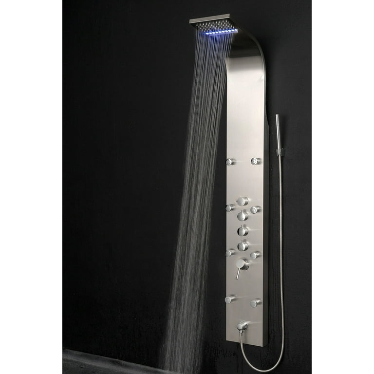 63 in. 8-Jet Shower Panel System in Stainless Steel with Rainfall Waterfall LED Shower Head and Hand Shower Wand 63 in. 8-Jet Shower Panel System in Stainless Steel with Rainfall Waterfall LED Shower Head and Hand Shower Wand